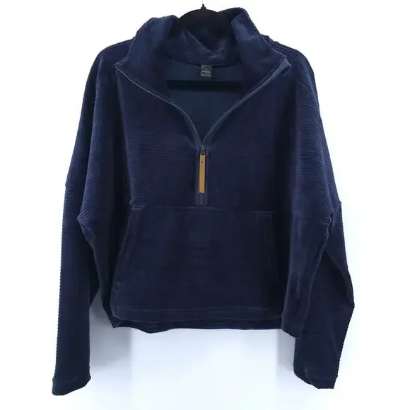 Prana Escambia Half Zip Stormy Night Blue Organic Cotton Velour Leather Pull L - Picture 2 of 15